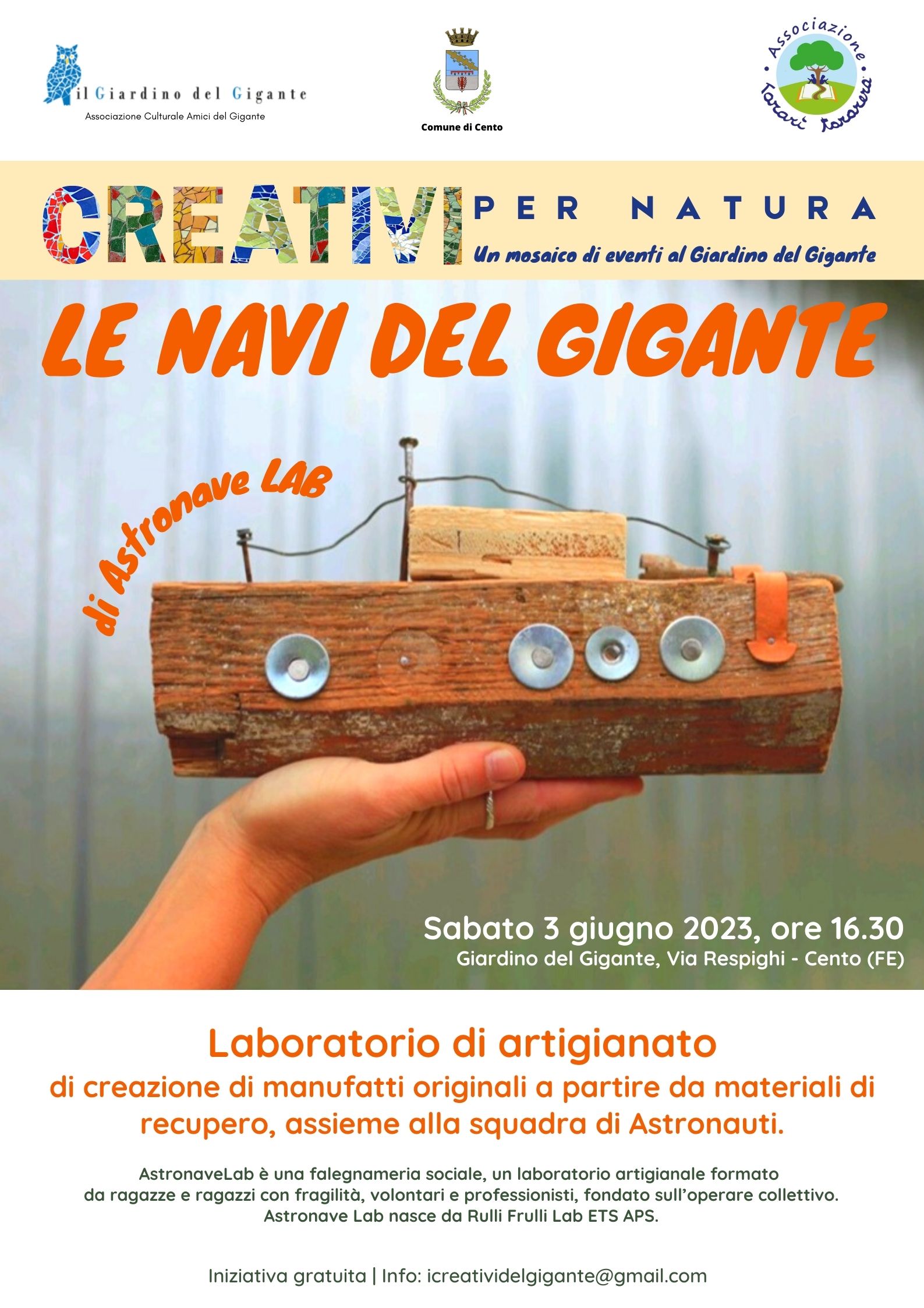locandina informativa con fotografia modello astronave costruita in legno