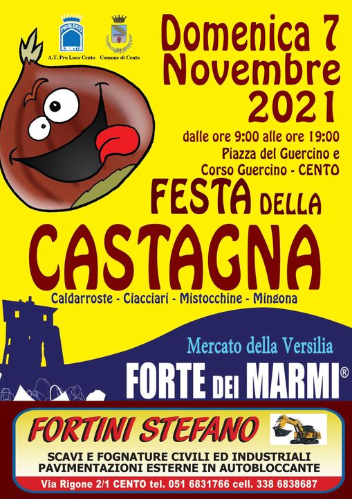 locandina informativa con disegno castagna che ride e logo mercato forte dei marmi