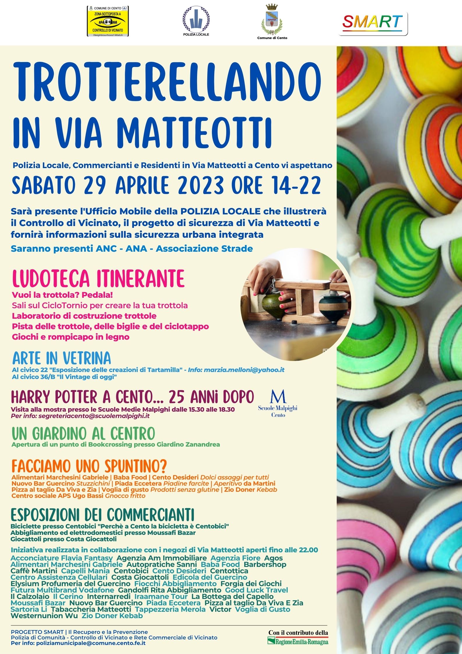 locandina con le iniziative e i partner coinvolti e disegnate le trottole di legno colorate
