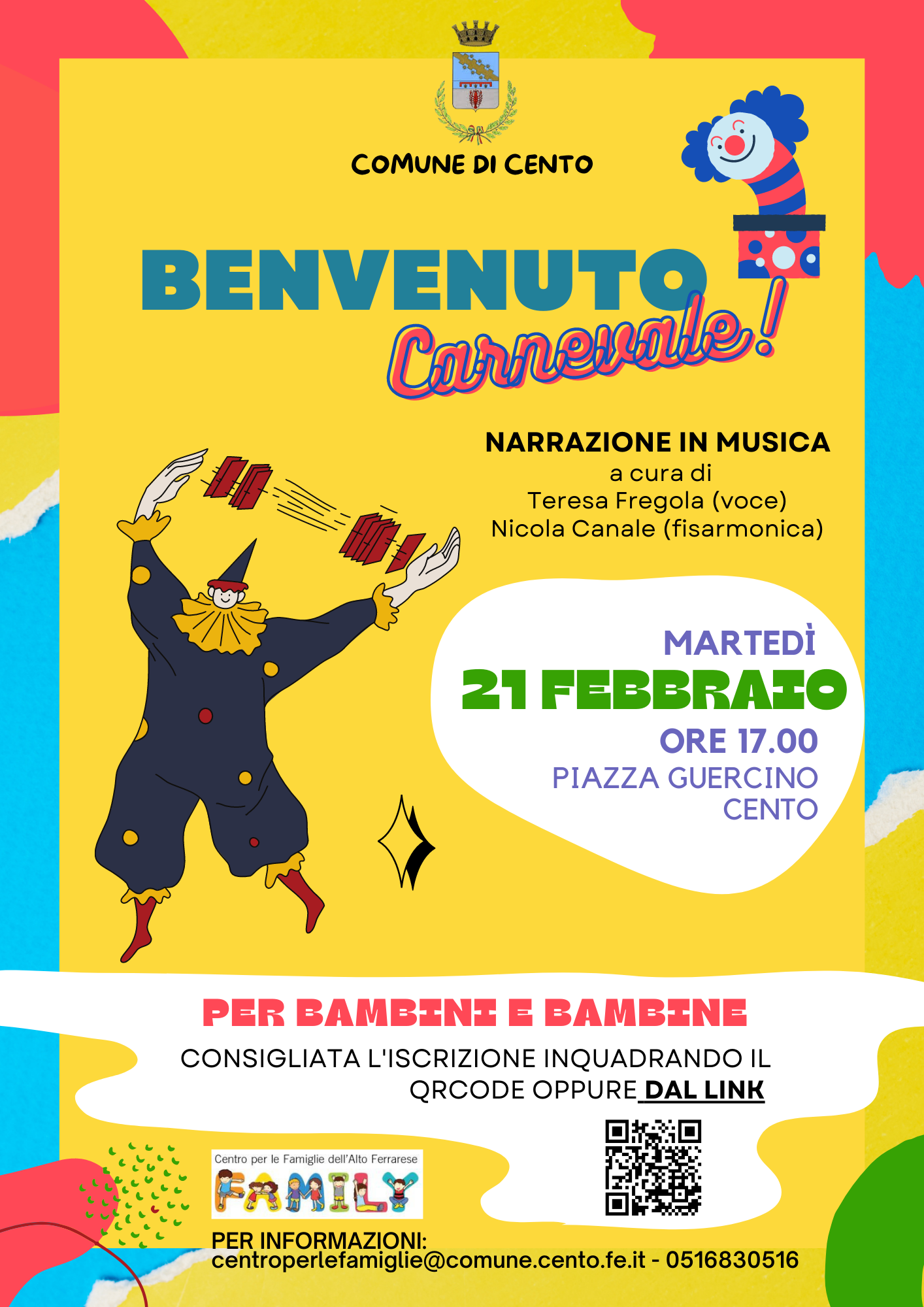 locandina evento con informazioni e disegno pagliaccio
