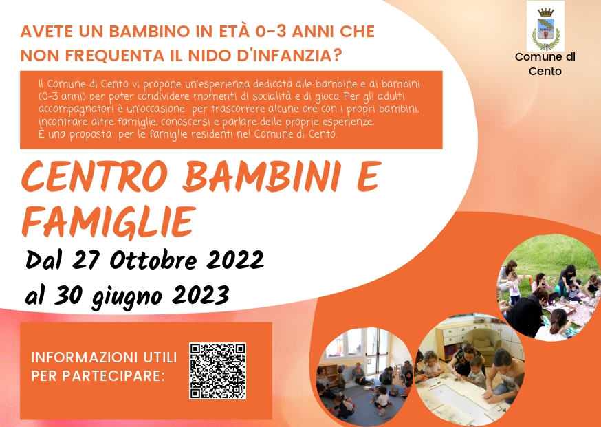 cartolina informativa spazio Centro Bimbi con tre fotografie attività con educatrice e bambini