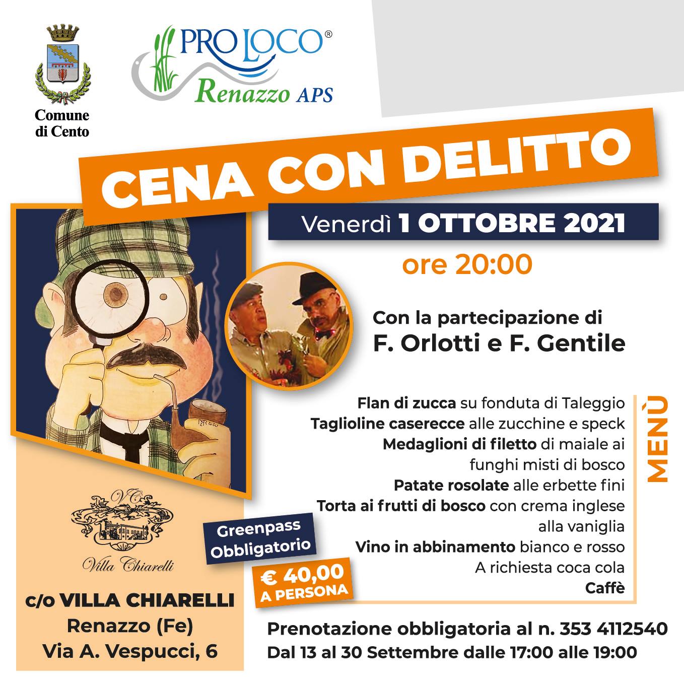 locandina evento con informazioni e disegno detective e fotografie dei due attori principali