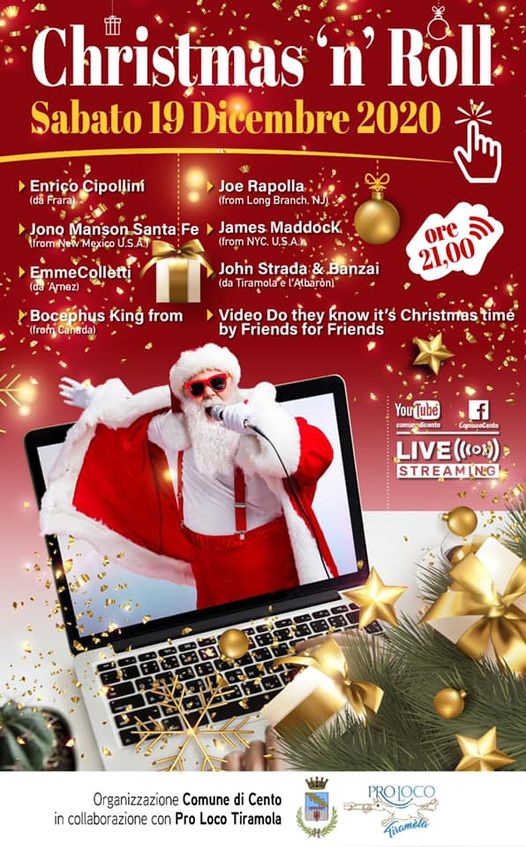 Locandina descrizione evento con Babbo antale che canta uscendo dallo schermo di un pc 