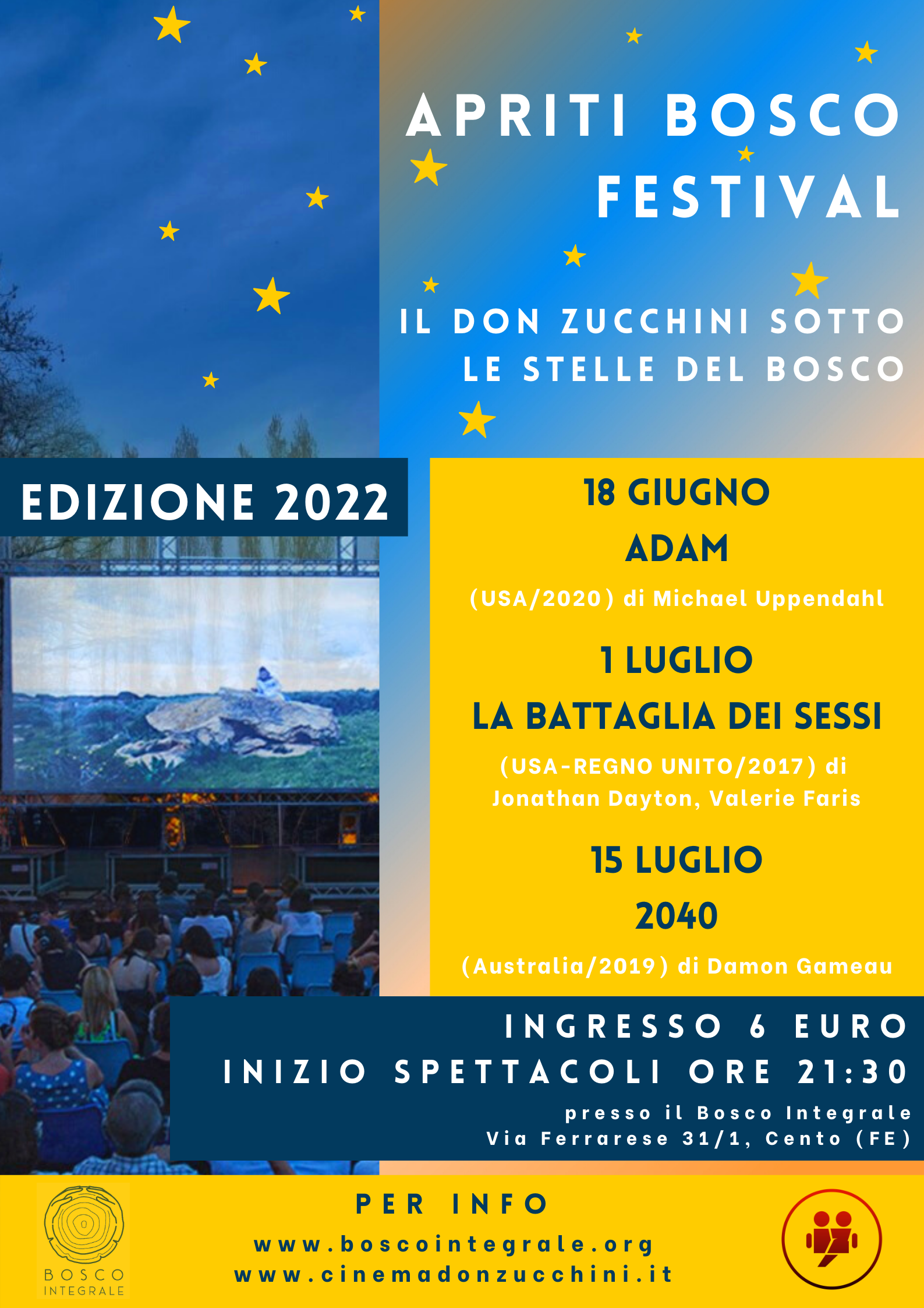 locandina programma con sfondo azzurro e stelline e fotografia bosco 
