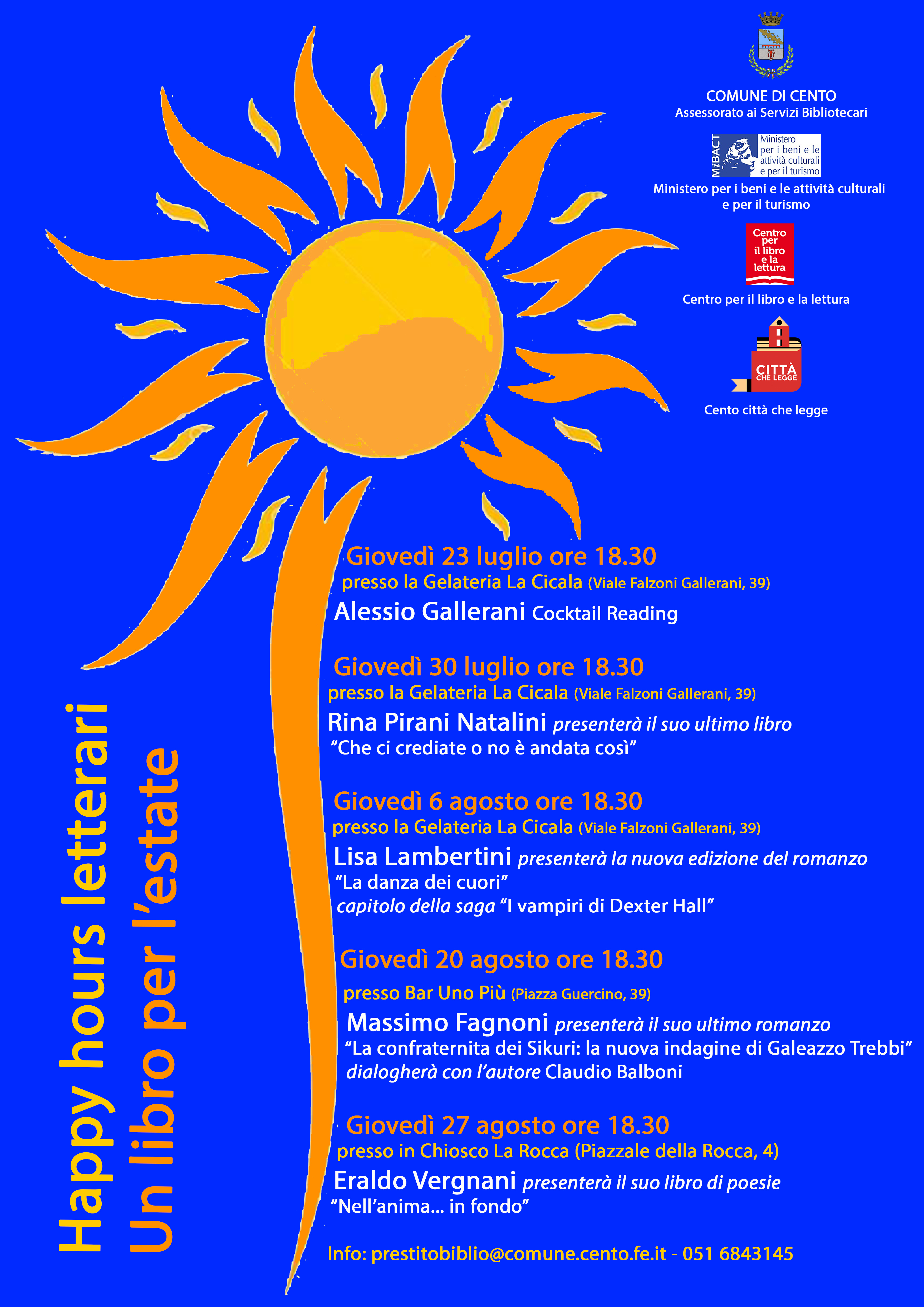 locandina con sole e elenco degli appuntamenti libri e autori