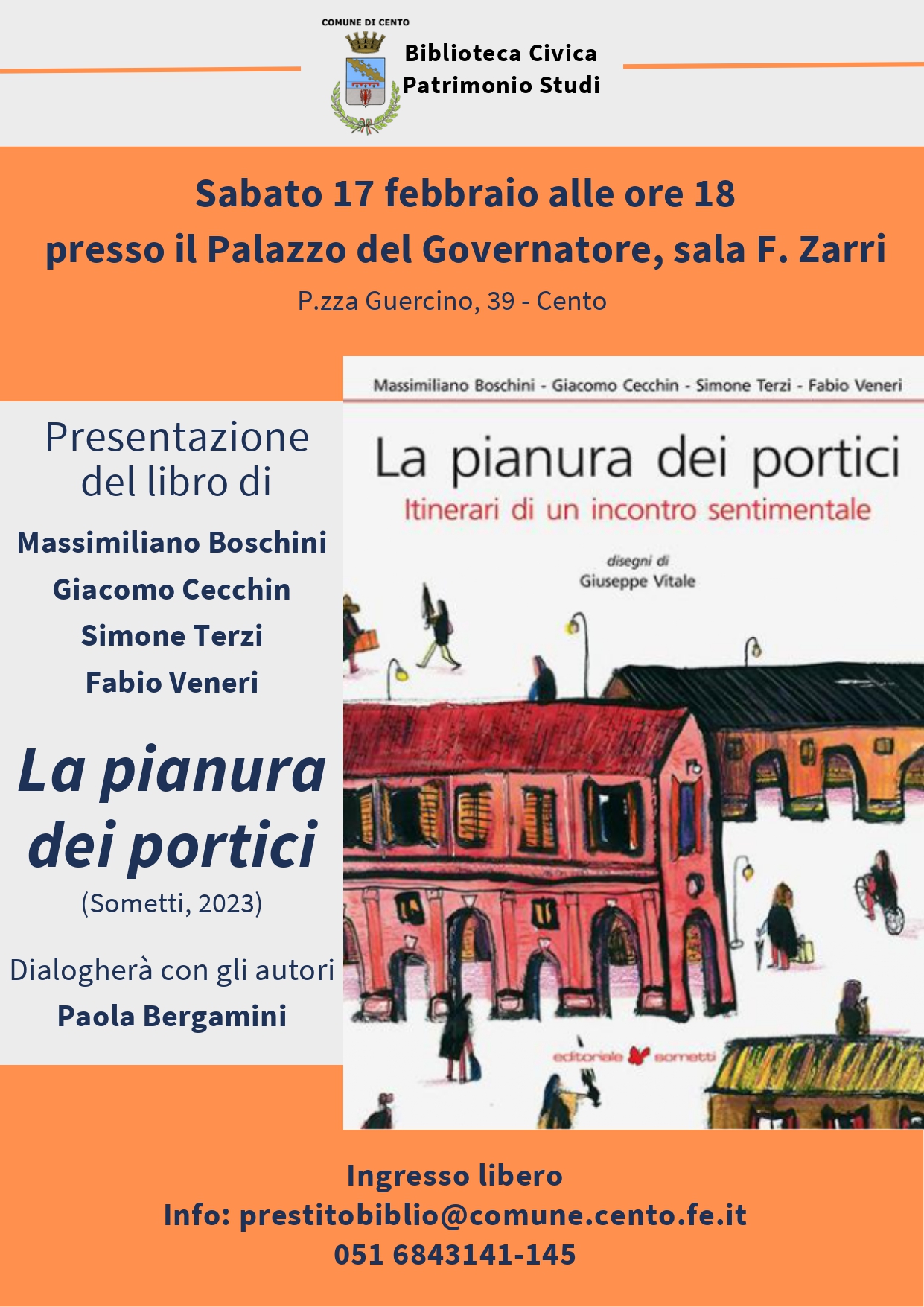 locandina informativa con copertina del libro 'La pianura dei portici. Itinerari di un incontro sentimentale'