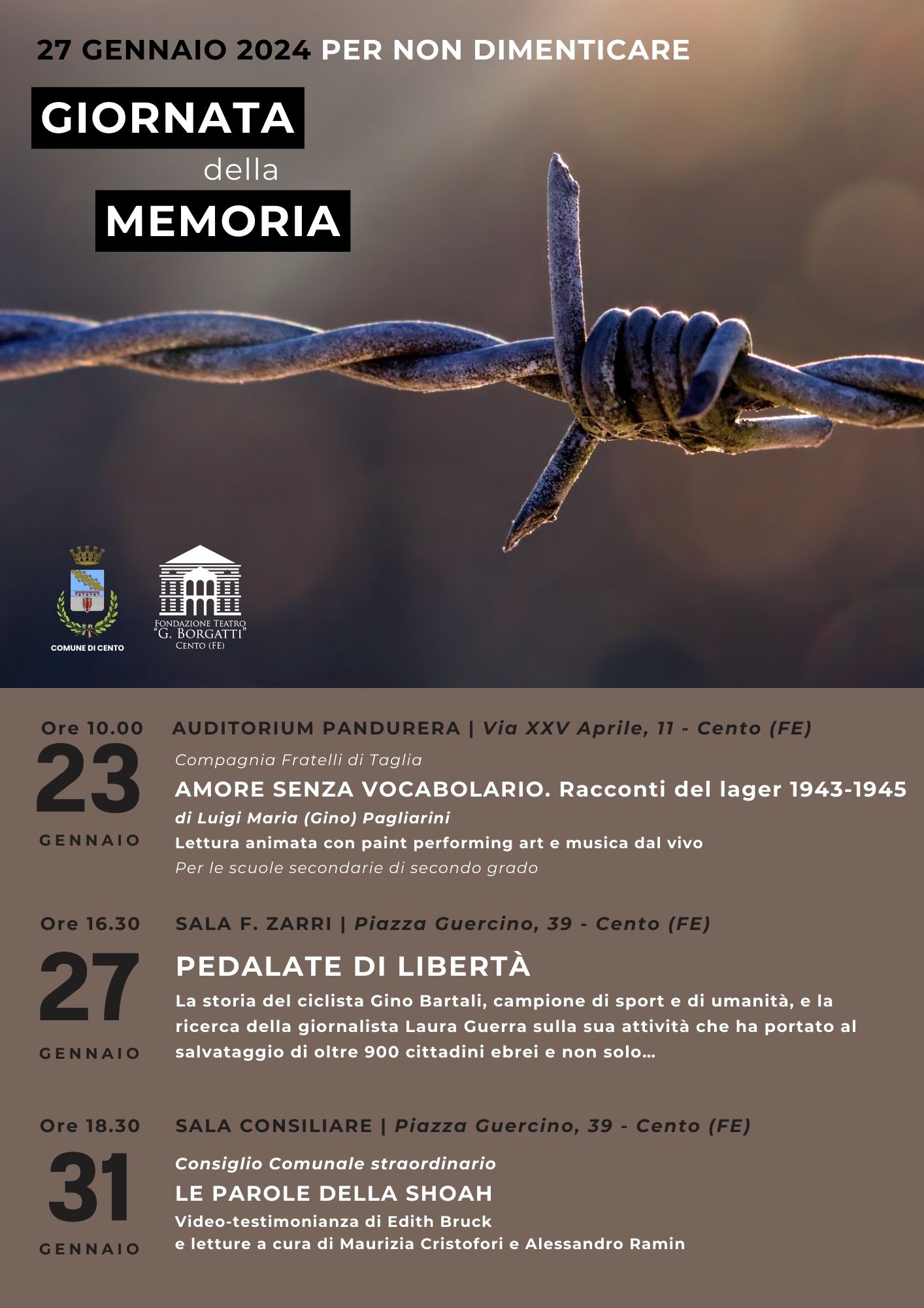 locandina informativa eventi Giornata della memoria con fotografia filo spinato dei lagher