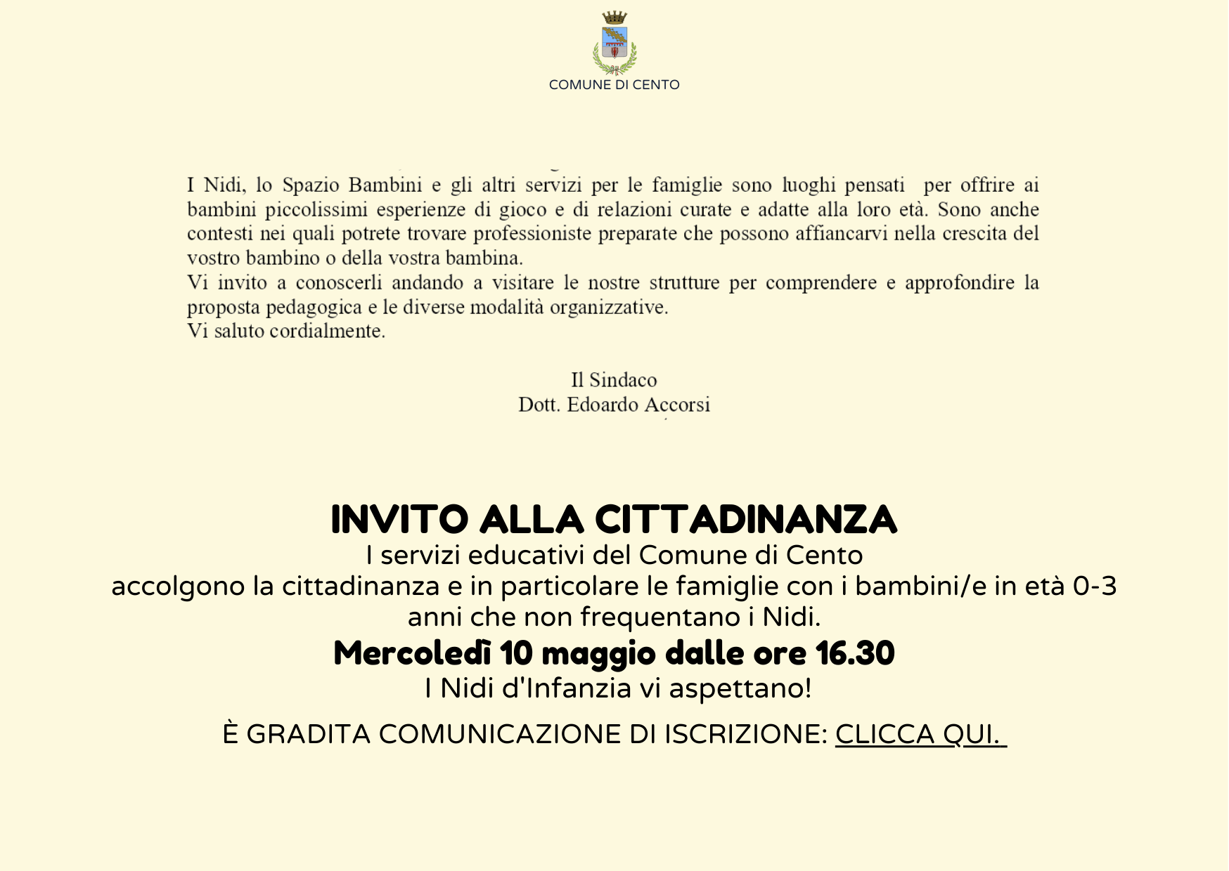 invito del Sindaco incontro con le famiglie 10 maggio