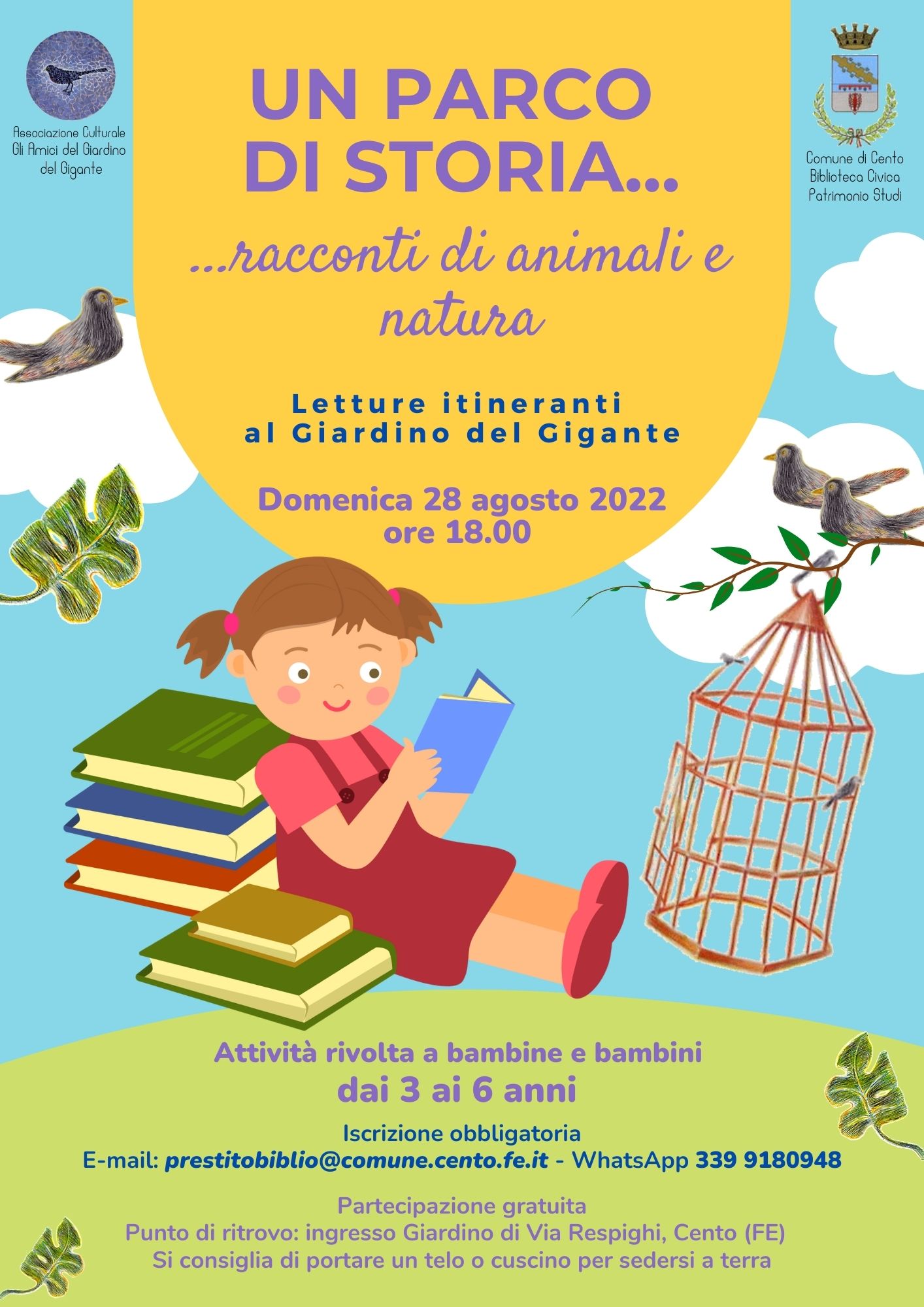 Locandina informativa con disegno bambina che legge nel prato e simboli sculture del Giardino Gigante