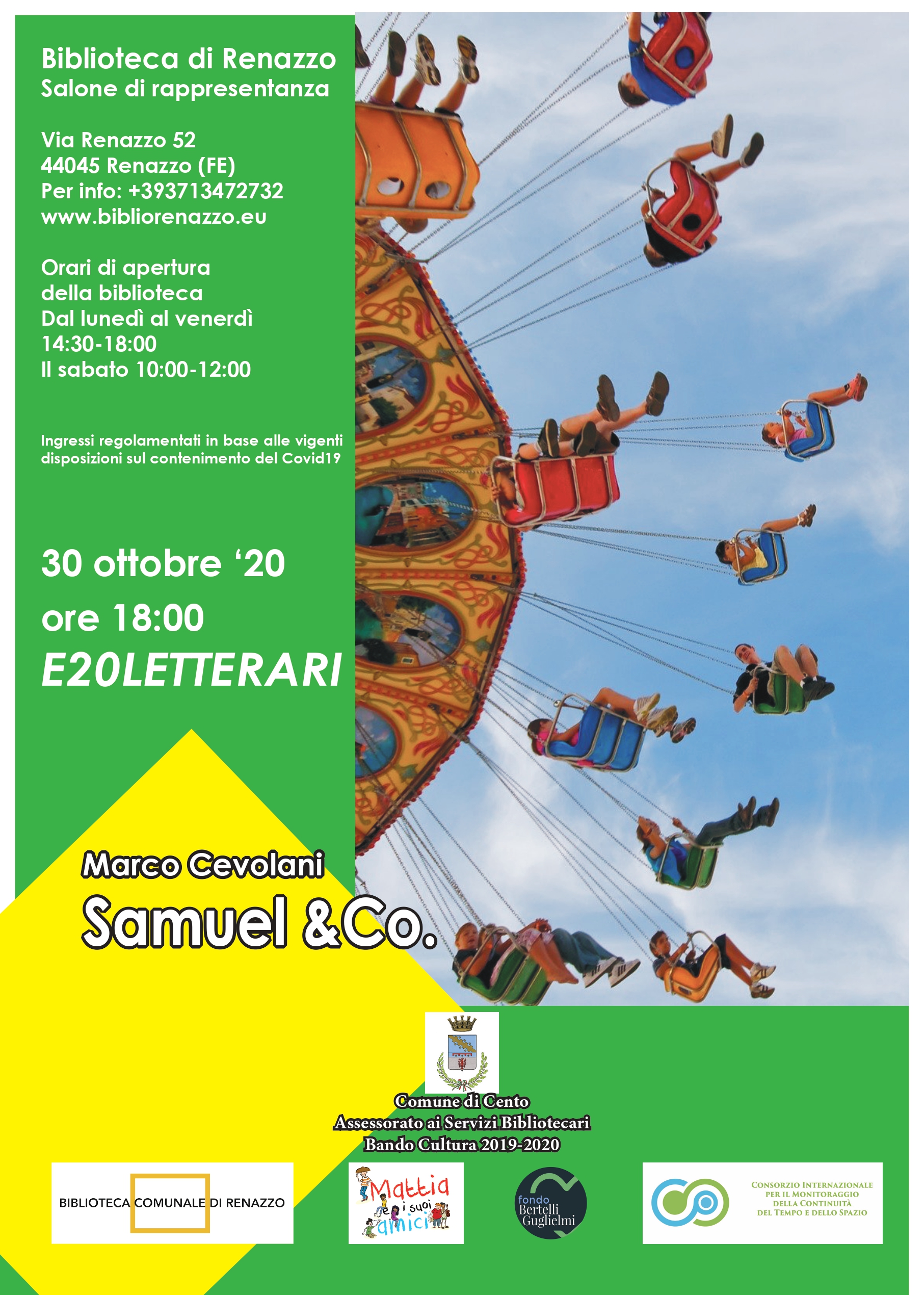 locandina eventi letterari in biblioteca con bambini sulla giostra calcinculo