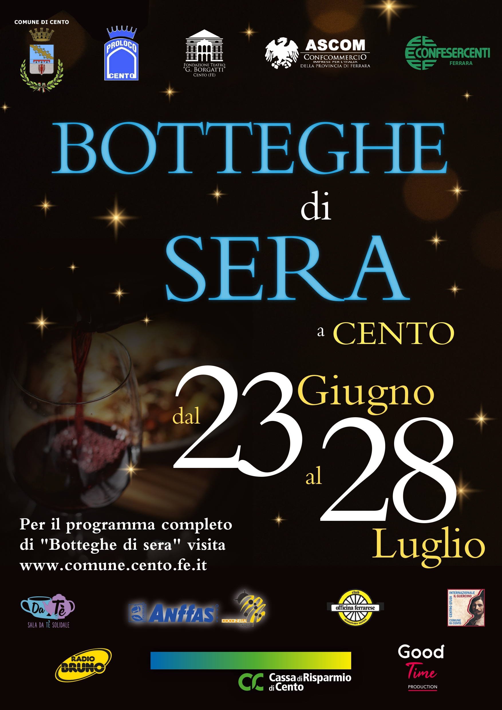 locandina evento Botteghe di sera con loghi enti promotori e luci notturne con calice di vino
