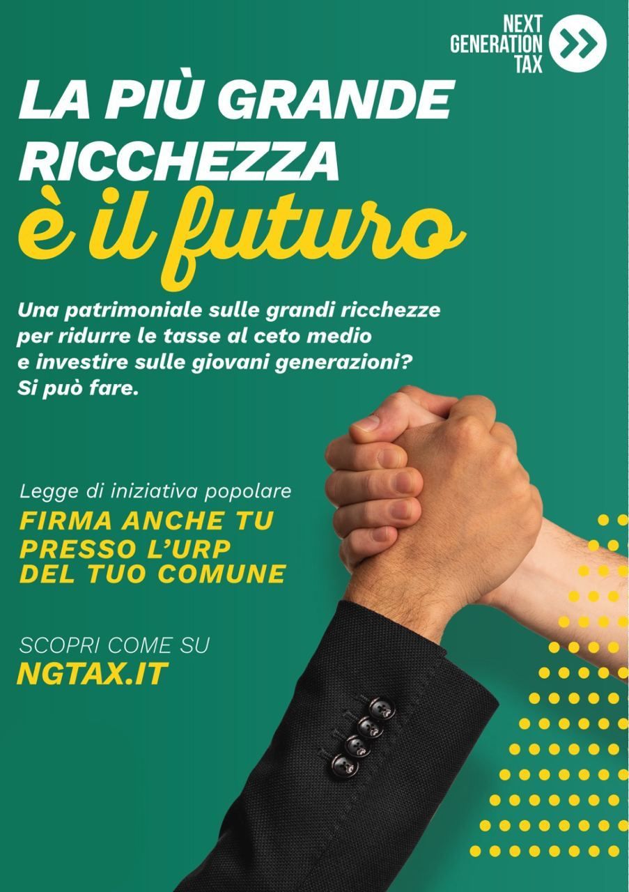 locandina della raccolta firme sull'imposta ordinaria sostitutiva sui grandi patrimoni