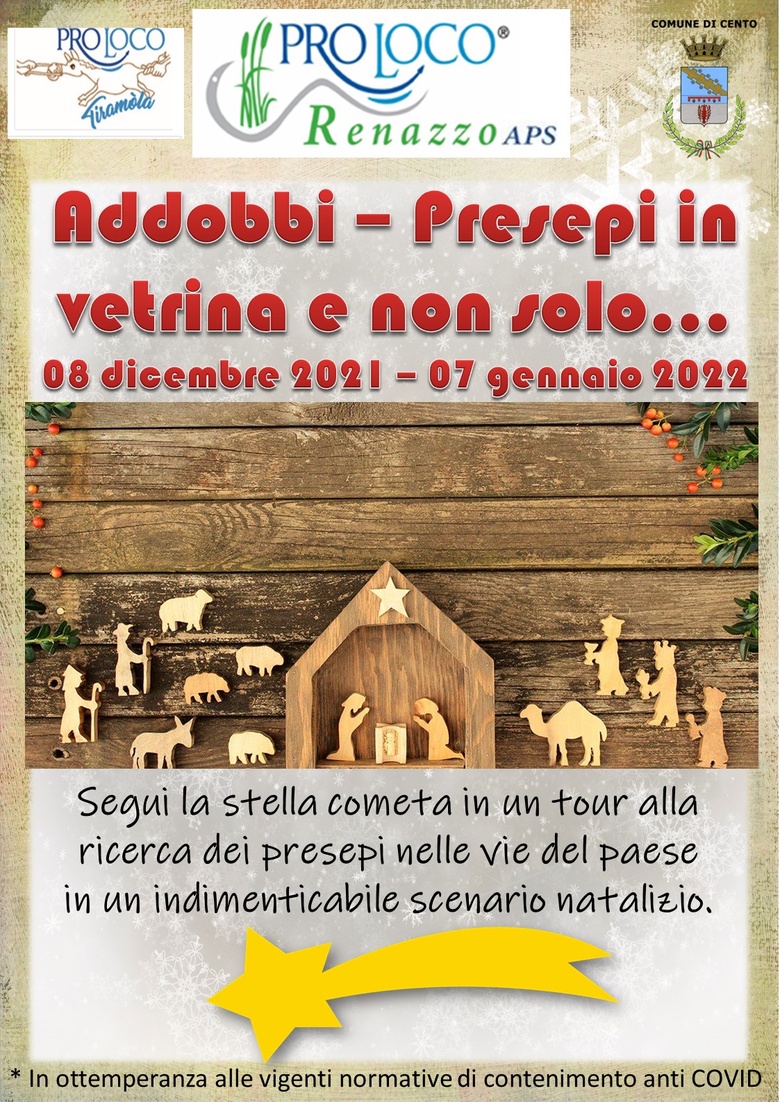 locandina informativa con forme di legno capanna e statuette del presepe 