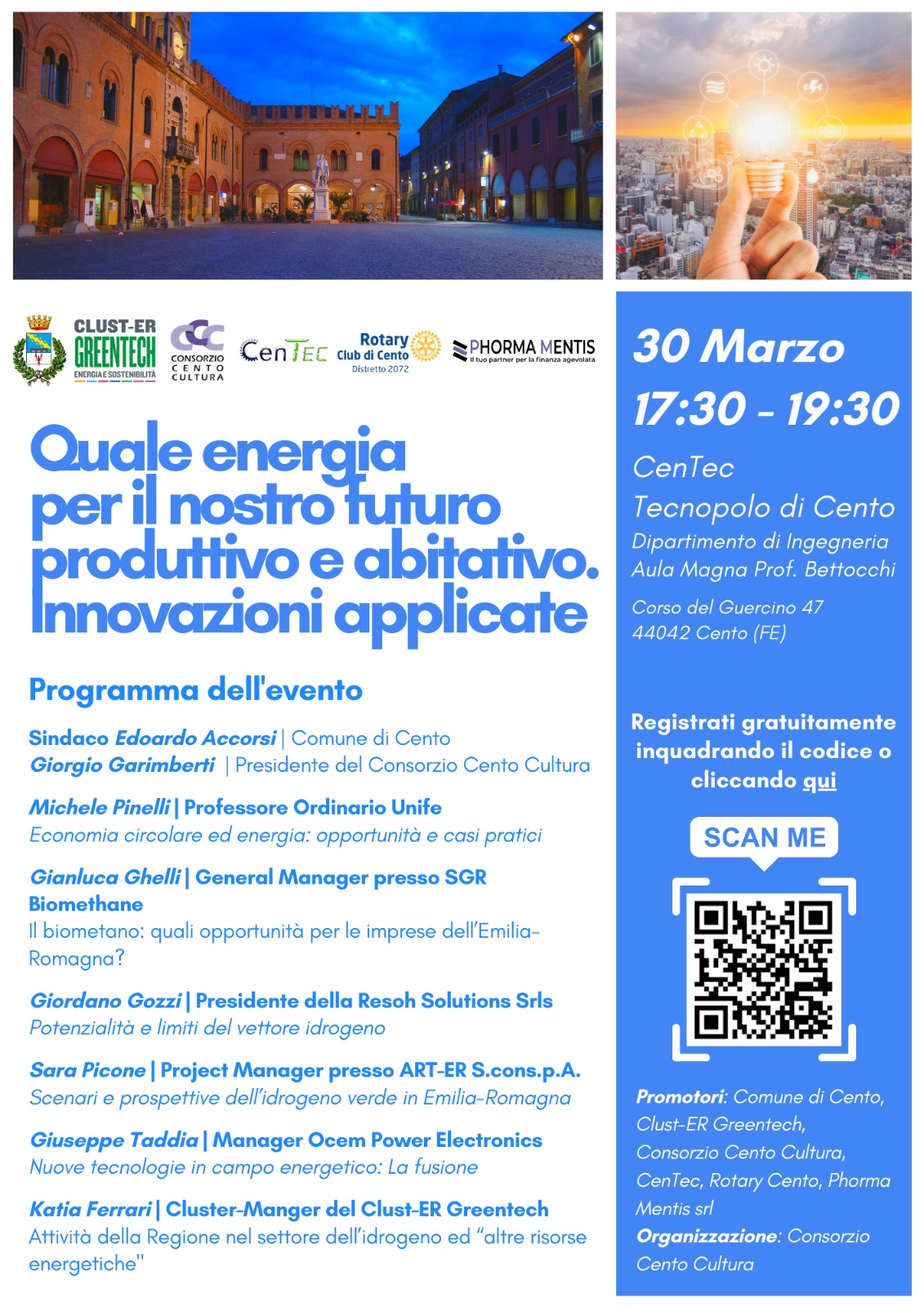 locandina informativa con illuminazione notturna piazza Guercino e lampadina