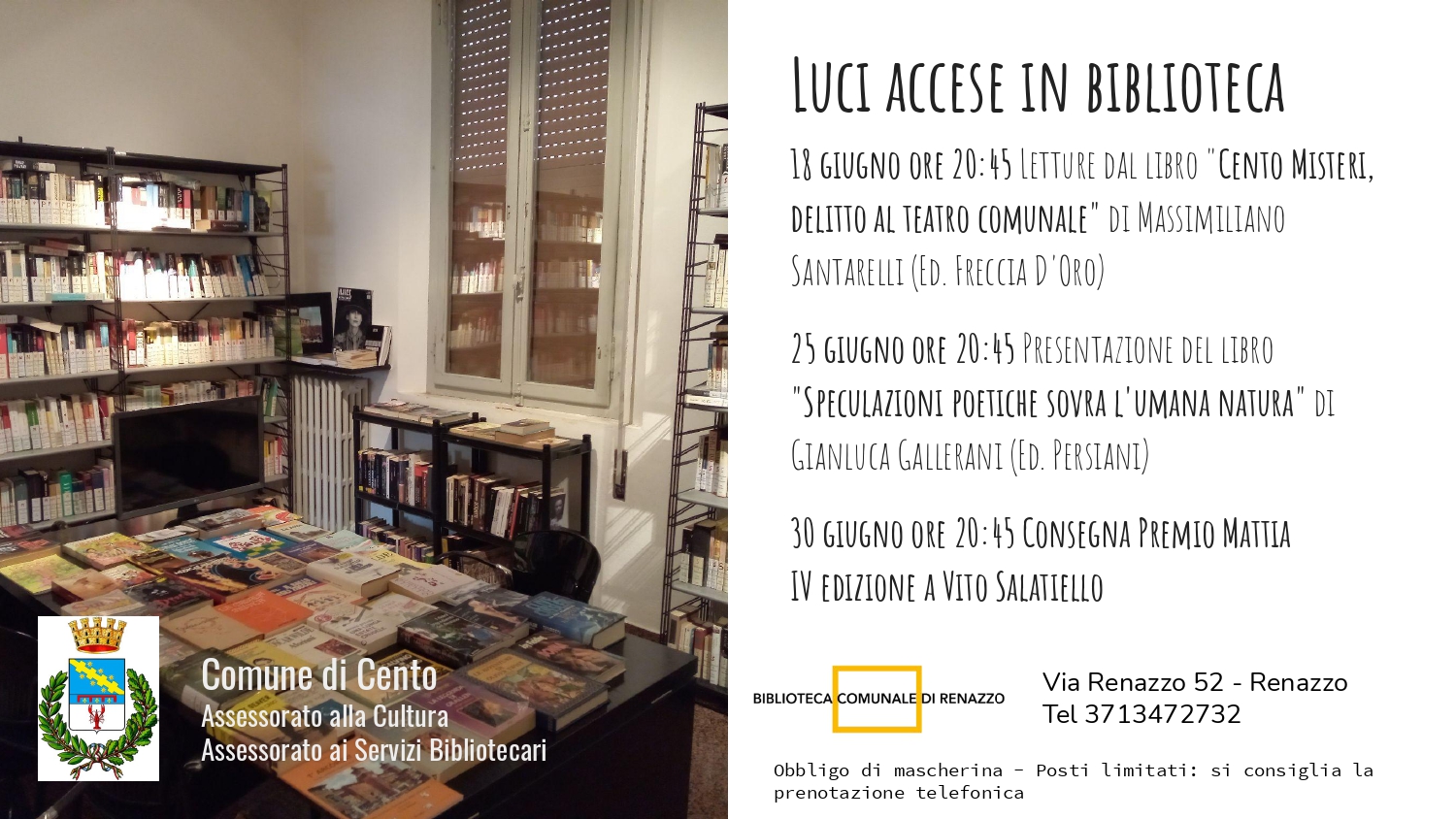 locandina con il programma incontri e fotografia interni biblioteca comunale di Renazzo con scaffali libri