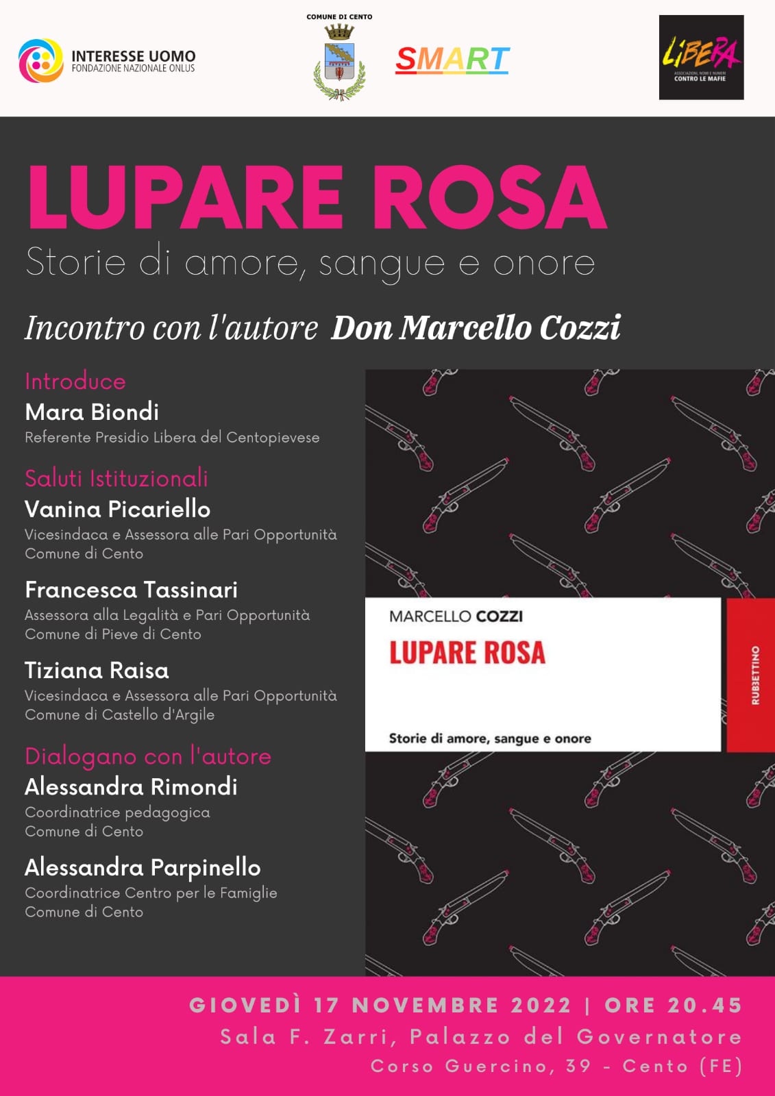 locandina informativa con copertina de libro e scaletta programma serata