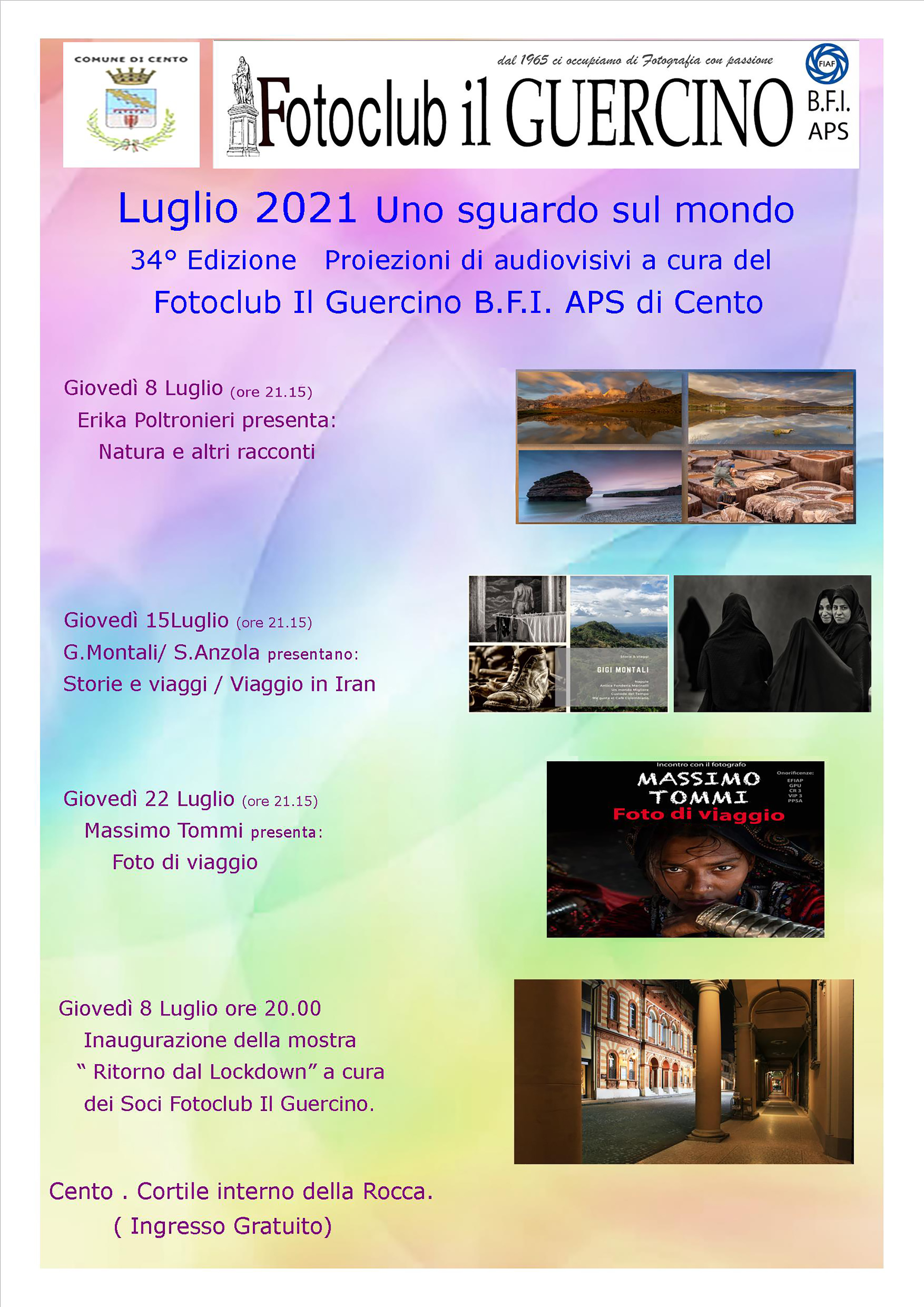 locandina serate fotoclub Il Guercino con una fotografia dell'ospite per ogni serata