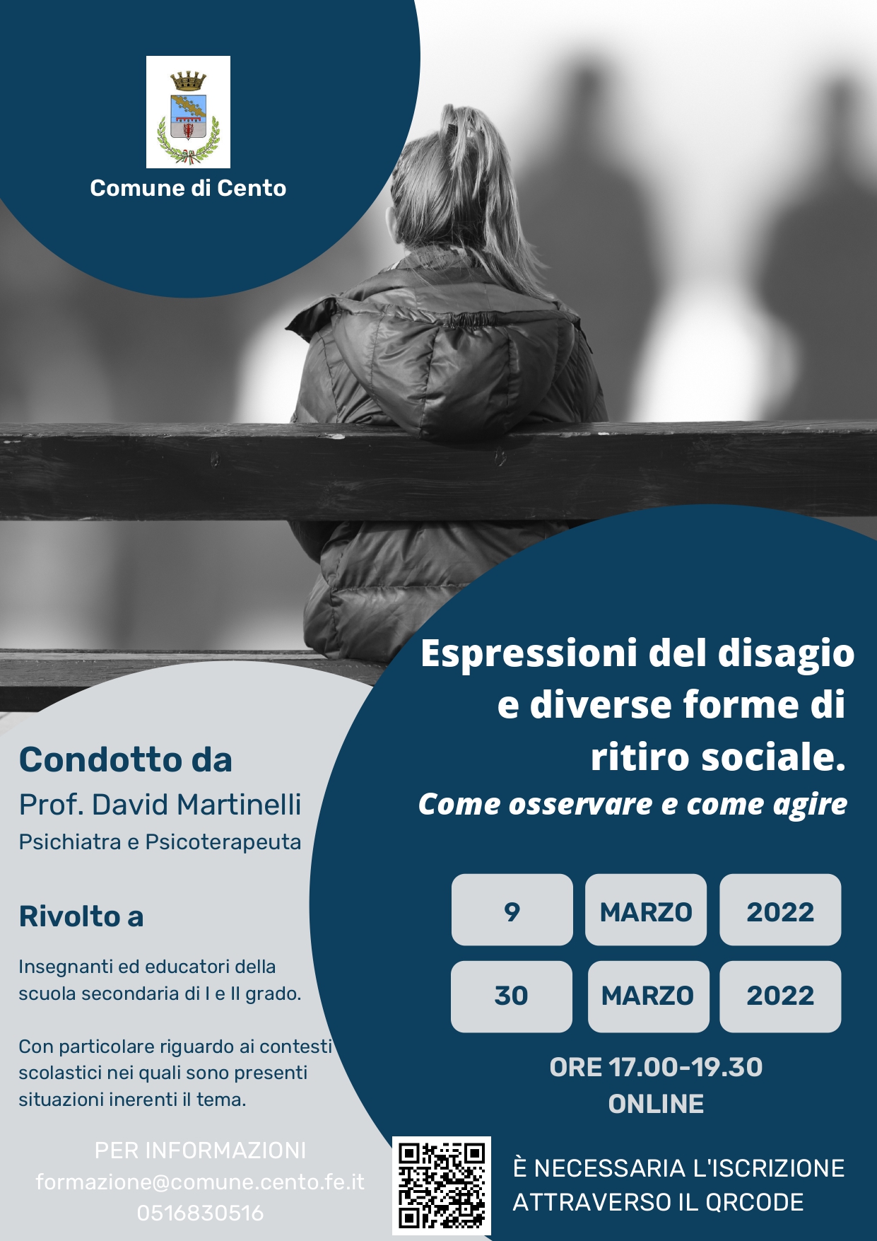 locandina informativa incontri con adolescente seduta di spalle su un muretto