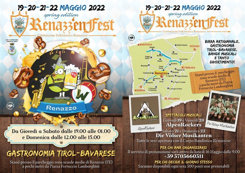 locandine informative con disegni specialità gastronomiche e cartina Renazzo e fotografia delle due band musicali