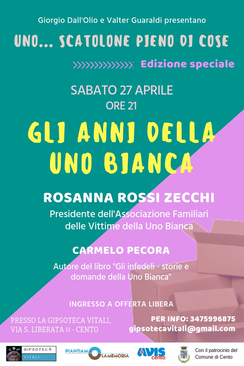Volantino dell'iniziativa "Uno scatolone pieno di cose" del 27 Aprile 2019