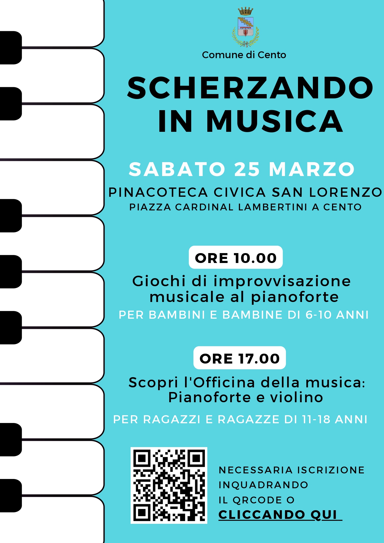 locandina informativa con disegnati a lato i tasti del pianoforte