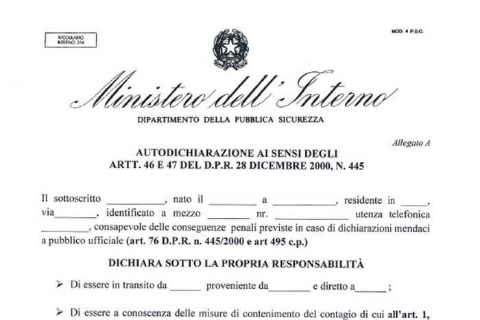 intestazione del modulo di autodichiarazione del Ministero dell'Interno da compilare