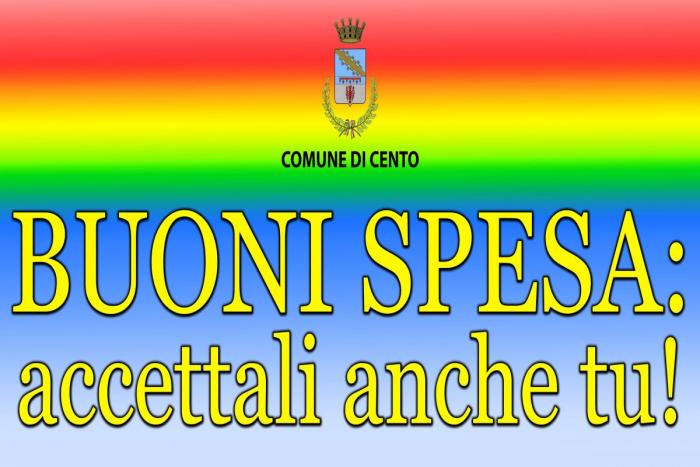 scritta Buoni spesa: accettali anche tu! su sfondo arcobaleno con logo comune di cento