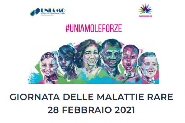 hastag giornata malattie rare con denominazione Uniamo e visi persone e bambini