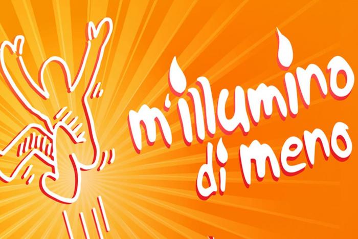 banner m'illumino di meno 2021 in giallo con uomo stilizzato che si accende saltando