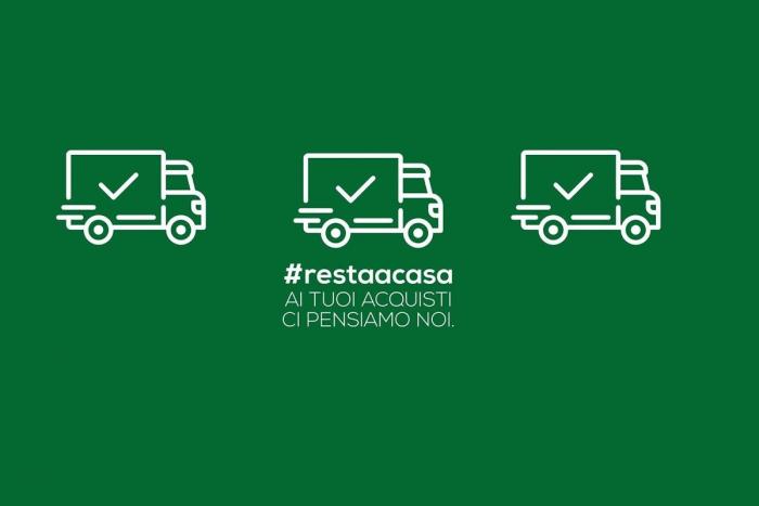 Camioncini che consegnano spesa a casa su sfondo verde
