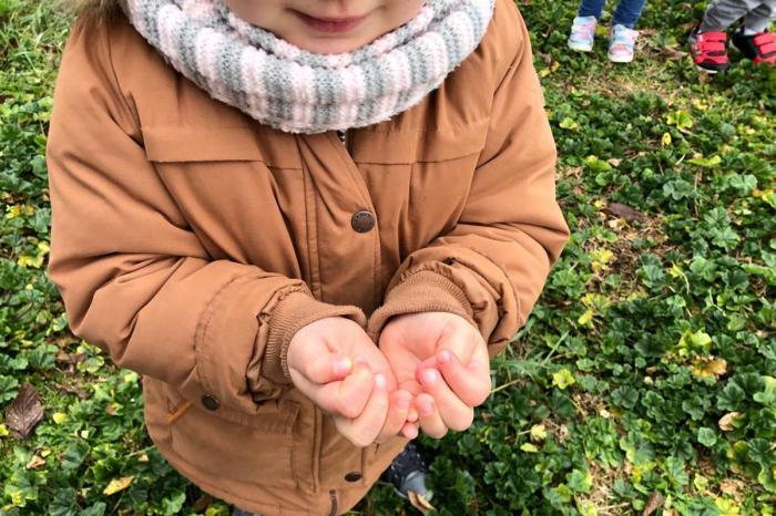 particolare manine di una bambina nel prato durante i laboratori