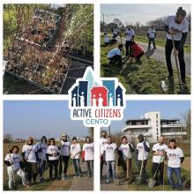 quattro fotografie momenti piantumazione dei volontari con magliette Active Citizens e logo centrale