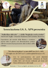 locandina informativa con fotografia donna e mani al telaio tessitura della canapa