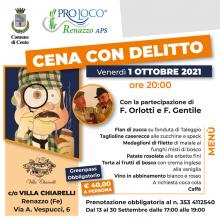 locandina evento con informazioni e disegno detective e fotografie dei due attori principali