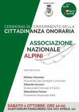locandina invito della cerimonia con stilizzata la piuma cappello alpini
