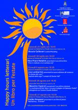 locandina con sole e elenco degli appuntamenti libri e autori