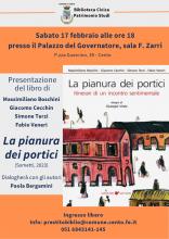 locandina informativa con copertina del libro 'La pianura dei portici. Itinerari di un incontro sentimentale'