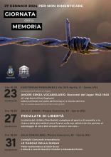 locandina informativa eventi Giornata della memoria con fotografia filo spinato dei lagher
