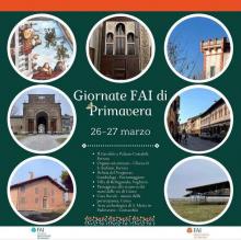 locandina iniziative a Cento e Renazzo con fotografie luoghi e monumenti itinerario