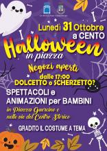 locandina informativa a tema festa Halloween con disegni fantasmino, zucca. etschio, ragno e ragnatele