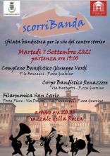locandina evento con programma e disegno stilizzato in b-n di una banda che sfila