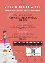 locandina informativa con disegno scale ragazzo chitarra bambina e neonato