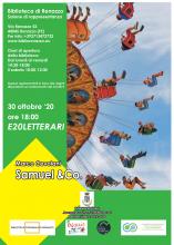 locandina eventi letterari in biblioteca con bambini sulla giostra calcinculo