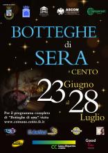 locandina evento Botteghe di sera con loghi enti promotori e luci notturne con calice di vino
