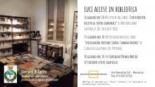 locandina con il programma incontri e fotografia interni biblioteca comunale di Renazzo con scaffali libri