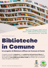 locandina informativa con fotografia scaffali libreria