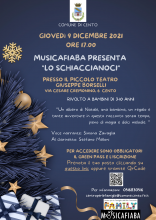 locandina dell'evento con disegnato albero di natale addobbato blu e oro