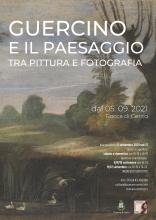 locandina  informazioni sulla mostra con particolare paesaggio quadro del Guercino
