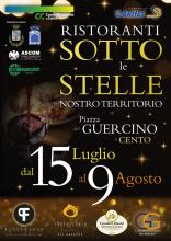 locandina notte stellata con bicchiere di vino rosso e piatto da portata