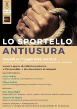 locandina programma incontro con sportello antiusura con fotografia pugni chiusi e polsi legati